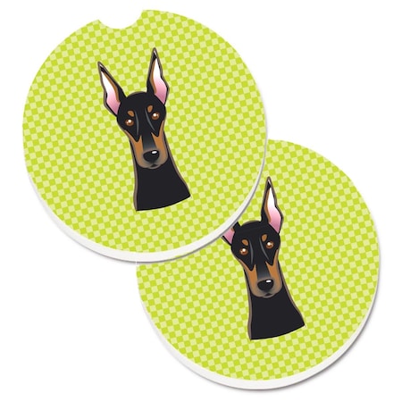 Carolines Treasures Checkerboard Lime Green Doberman Set of 2 Cup Holder Car Coaster BB1307CARC
